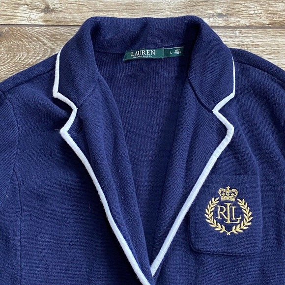 Ralph Lauren LRL Cardigan Sweater Knit Blazer L Large Black Crest Monogram Crown - Picture 3 of 11